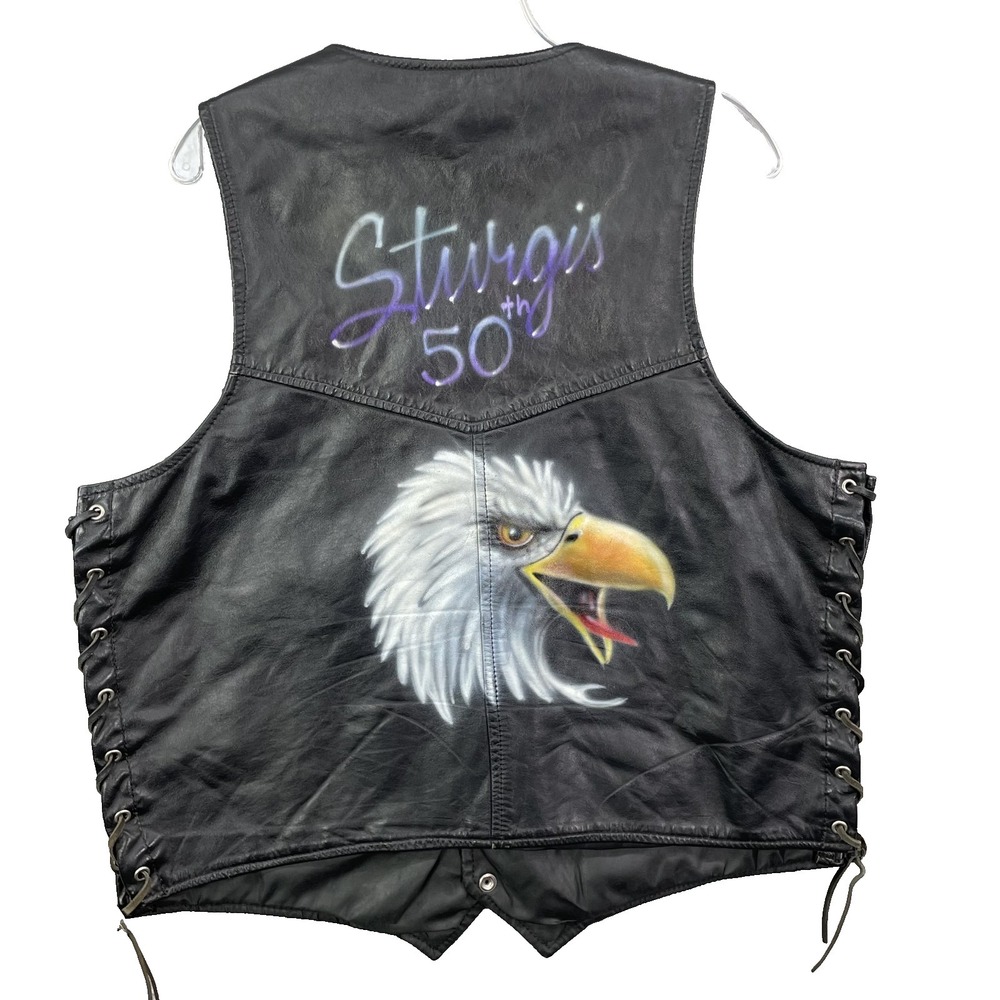 Sturgis 50th Leather Biker Vest Men's XL Motorcycle Eagle Grunge Western Patches